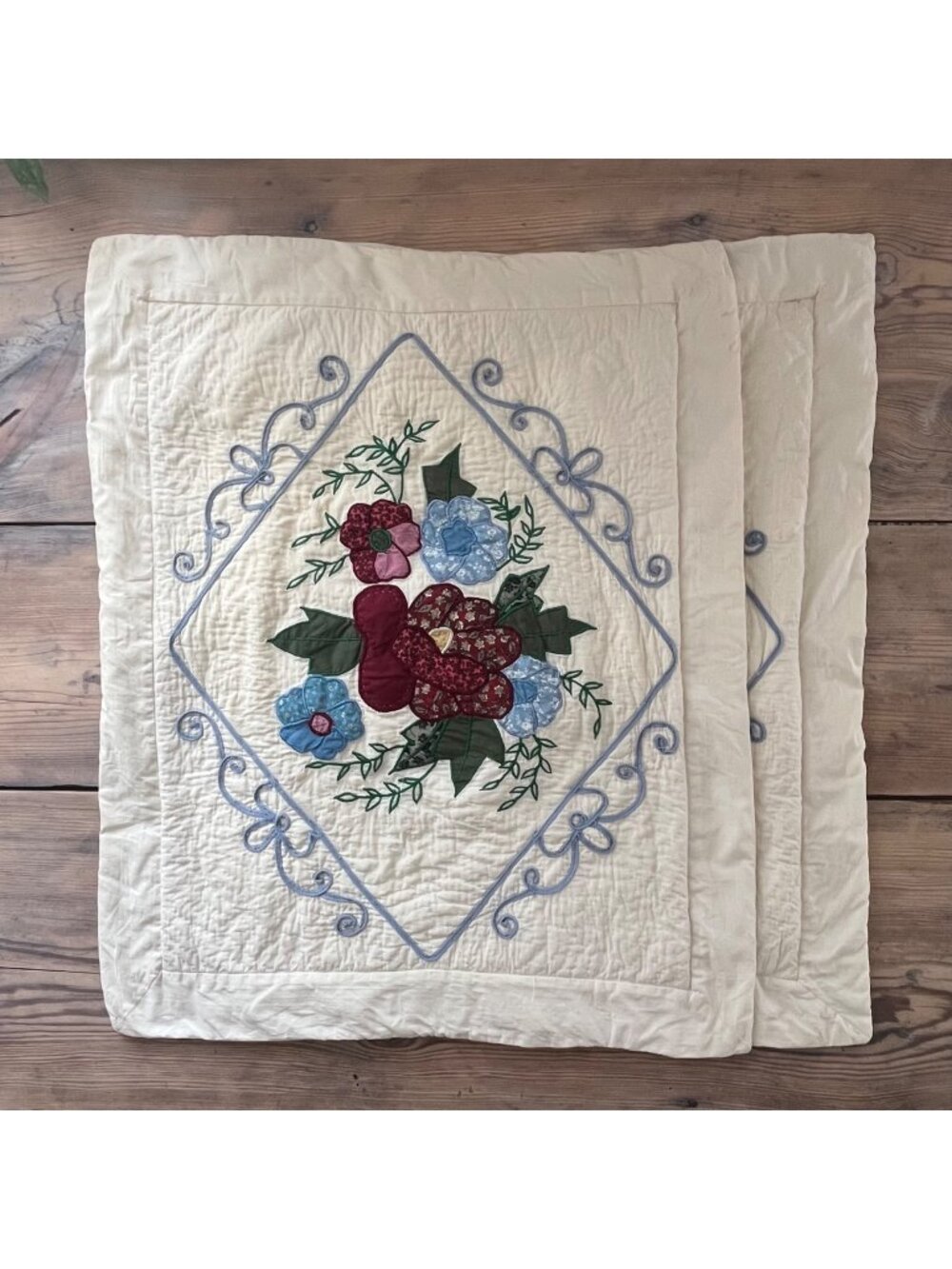 Vintage Floral Applique Quilted Pillow Shams Standard Size Granny Core Cottage - Picture 1 of 10